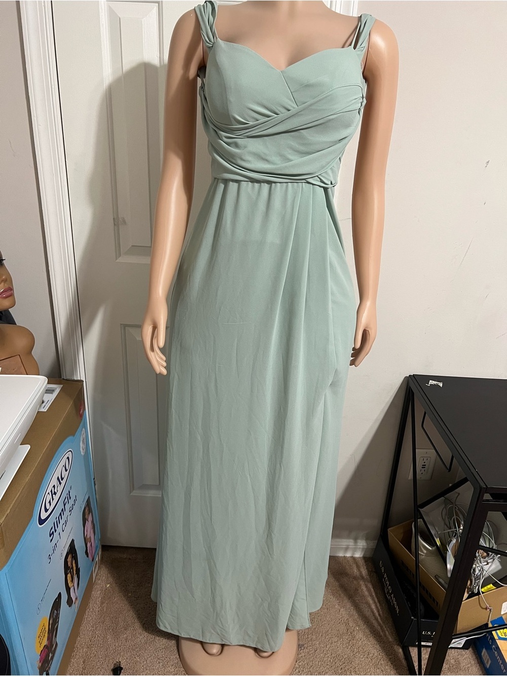 Sage Green Chiffon Maxi Dress with slit on the side